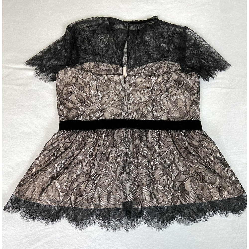White House Black Market Black Contrast Lace Peplum Top Velvet Trim Size 4 NWT - Picture 3 of 9